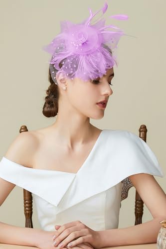 BABEYOND Fascinators Hats for Women Tea Party Flower Tulle Bead Derby Hat - color: Light Purple