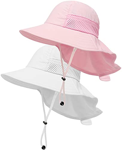 Toddler Baby Sun Hat Kids Summer Beach Essentials Adjustable Beach Hats with Bucket Wide Brim for Boys Girls Age 0-14 Years - color: 2 Pack - Pink+white, size: 6-24 Months