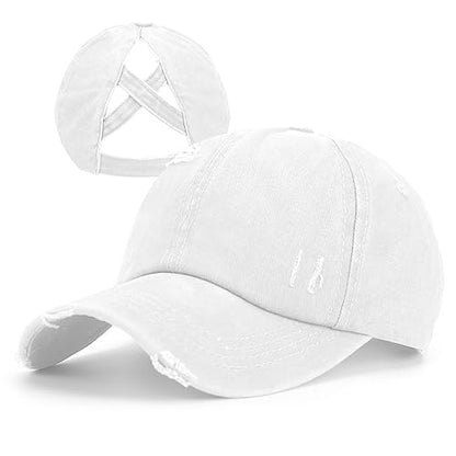 Criss Cross Ponytail Hat Women Washed Distressed Baseball Caps Adjustable High Messy Bun Ponycap - color: B - Denim White