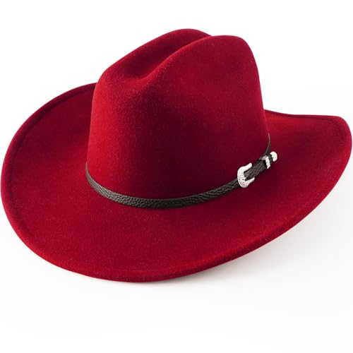 AQOKKA Western Cowboy Hats for Women Classic Felt Wide Brim Fedora Hat with Belt Buckle Retro Panama Hat Unisex Rolled up Cap - color: 1 Pc Fedora Hat : Red