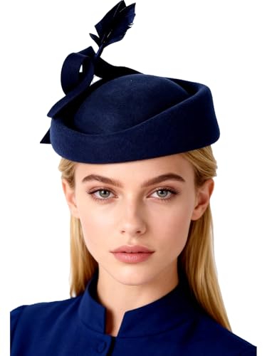 HIMESPORT Wool Felt Fascinators Hats Women Ladies Wedding Cocktail Tea Party Church Derby Cap Pillbox Hat with Feather - color: Navy Blue