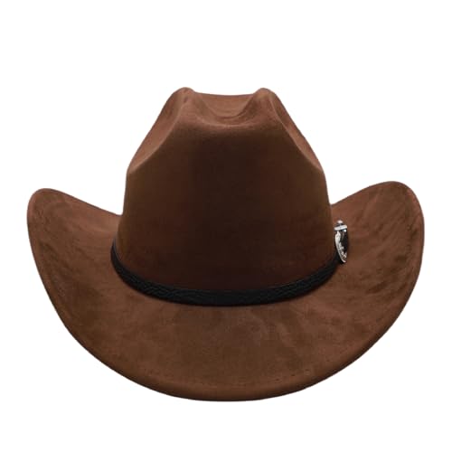 Western Cowboy Hat for Men Cowgirl Hat for Women Unisex Wide Brim Felt Fedora Hats Classic Flat Top Hats with Buckle Belt - color: A-coffee