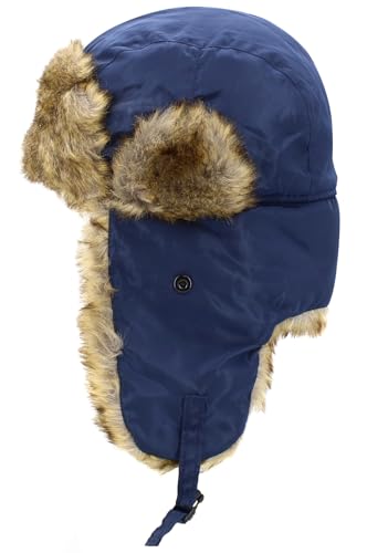 Wool Blend Aviator Trapper hat Trooper Ear Flaps Ushanka Eskimo Russian Warm Winter Cold… - color: Navy Classic Solid