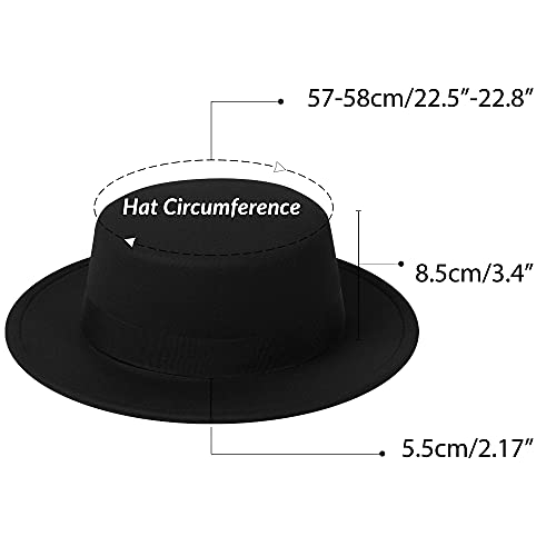 Classic Fedora Hat Flat Top Hat Felt Pork Pie Hat Wide Brim Church Derby Cap for Women and Men - color: Black