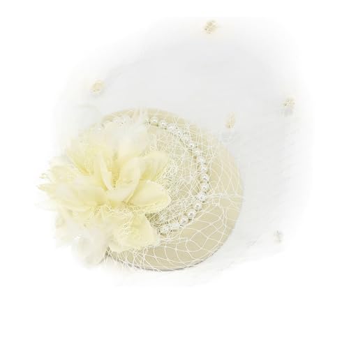 Fascinator Pillbox Hat for Women, Feather Flower Pearls Hair Headwear Veil - color: Beige