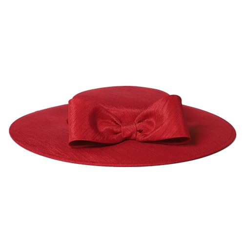 Fascinators Women Wide Brim 20s 50s Derby Pillbox Hat Bowknot Cocktail Tea Party Church Dress Hats - color: Wine Red