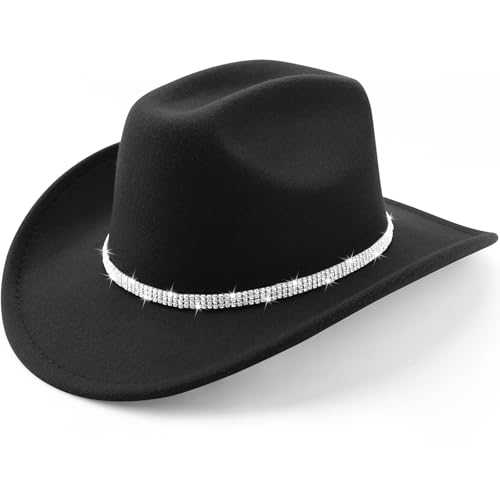 Western Cowboy Hats for Women Classic Felt Wide Brim Fedora Hat with Belt Buckle Retro Panama Hat Unisex Rolled up Cap - color: 1 Pack : Black With 3 Rhinestones Bands
