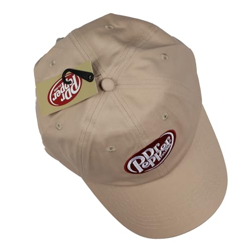 Dr Pepper Baseball Cap Embroidered Logo Design Adjustable Slide Strap Dad Hat OSFM Tan