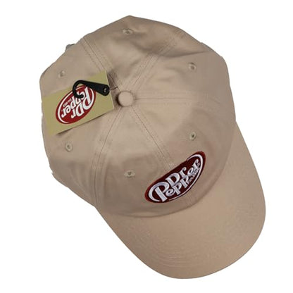 Dr Pepper Baseball Cap Embroidered Logo Design Adjustable Slide Strap Dad Hat OSFM Tan
