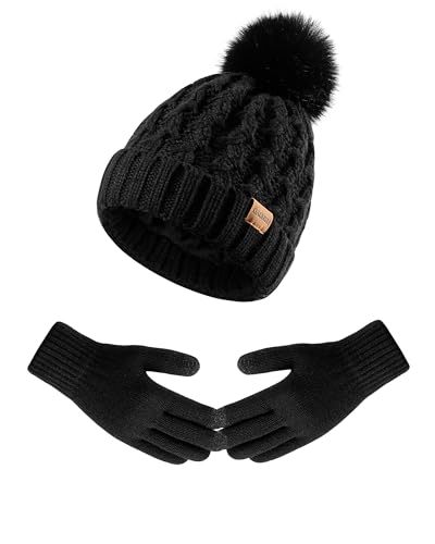 Women Winter Beanie Hat Gloves Set Pom Hat with Warm Fleece Lined Touchscreen Gloves for Cold Weather - color: Black