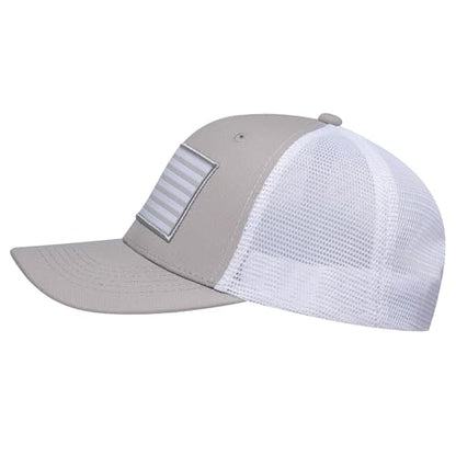 American Flag Trucker Hat, Patriotic Baseball Cap for Men & Women, Breathable Mesh Adjustable Snapback, USA Flag Patch - color: Gray/White