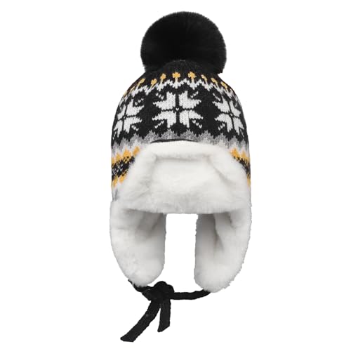 IPENNY Women's Winter Faux Fur Lined Trapper Hat, Warm Knitted Beanie with Pom Pom & Earflaps, Warm Ski Cap for Cold Weather - color: Black