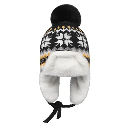Women Winter Beanie Hat Thick Fleece Lined Warm Earflap Trapper Hat Pom Pom Jacquard Knited Outdoor Ski Snow Cap - color: Style 2-black