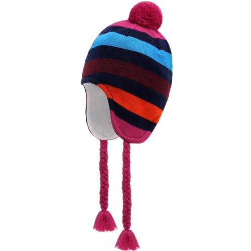 Winter Peruvian Hat Earflap Fleece Lined Girls Knit Beanie 3-10T - color: 2c-multicolorstripe, size: 6-10 Years