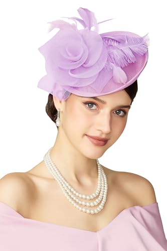 BABEYOND Fascinators Hats for Women Tea Party Mesh Flower Pillbox Derby Hat - color: Lavender