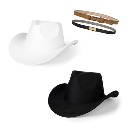 2 Pack Western Cowboy Hats for Women Men 2 Different hat Bands - color: Black+white