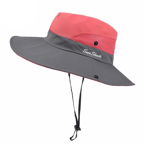 Outdoors Tribe Foldable Sun Hat for Women, Beach Foldable Mesh Fishing Cap, Wide Brim Ponytail Sun Hat - color: Watermelon Red