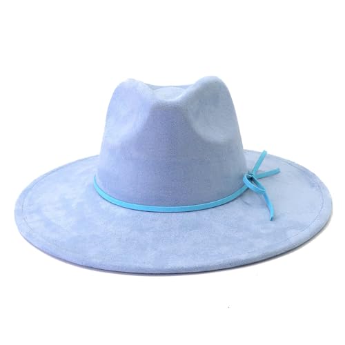 Fedora Hats for Women Man with Big Wide Brim Classic Suede Panama Hat Western Outdoor hat - color: Sky-blue