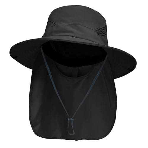 NPJY Sun Fishing Hats with Neck Flap for Men Women UV Sun Protection - color: Pure Black(with Neck Flap)