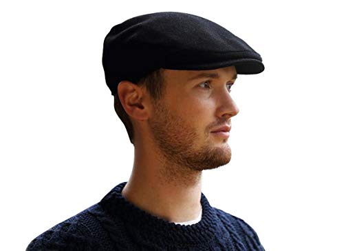 Hanna Hats Traditional Irish Tweed Wool Vintage Cap. Unisex Cabbie Hat. Stud Fastener & Taffeta Lining. 100% Made in Ireland. - color: Black Wool, size: XX-Large