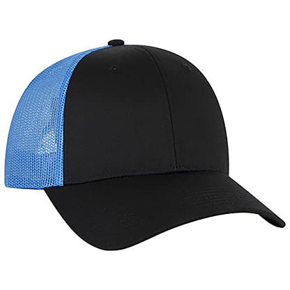 Ashen Fane 6 Panel Blend Twill Structured Low Profile Mesh Back Snapback Trucker Hat - color: Blk//Blk/N.blue