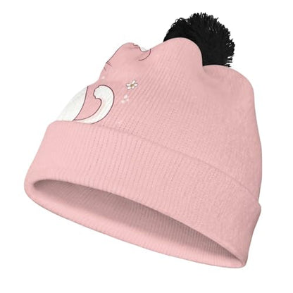 Girls Boys Winter Warm Knit Beanie Pompom Elasticity Slouchy Hat Skull Caps for Childrens - color: Cute Cat and Flower