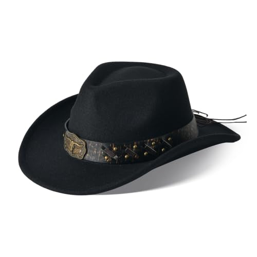 Classic Western Cowboy Hat Cowgirl Hat Unisex Men's & Women's Wide Brim Felt Fedora Hat Flat Top with Buckle Belt - color: Black 7#, size: 7-7 1/4