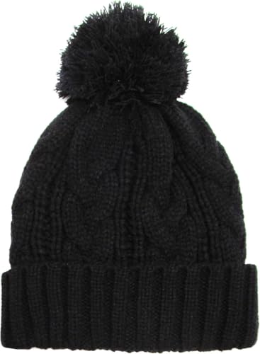 KBETHOS Women's Winter Warm Thick Oversize Knitted Beanie Hat with Pom Pom - color: Black Cable Knit Pom Beanie