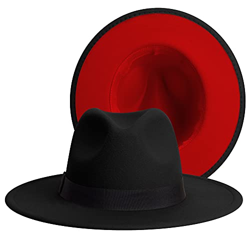 Womens & Mens Fedora Hats, Wide Brim Fedora Hats for Women Men - color: Ba-black/Red, size: Large-X-Large