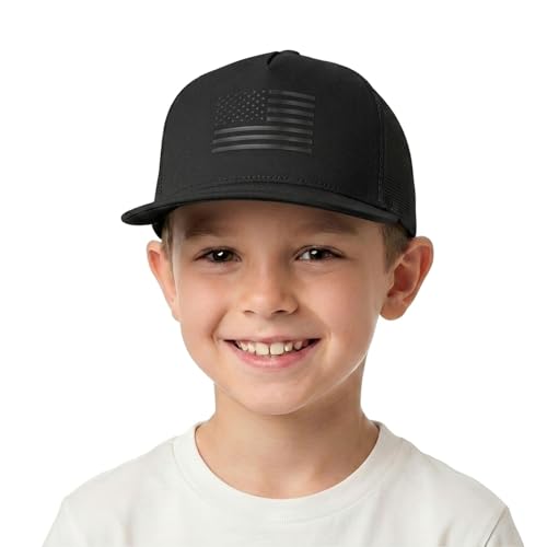 BROMZ Kids Youth American Flag Trucker Hat Flat Bill, Breathable Mesh Back Snapback Baseball Cap for Boys Girls 5-15 Years - color: Black/Black Flag