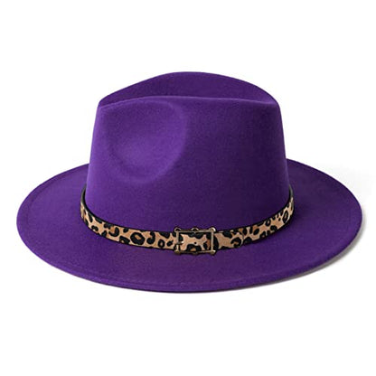 Women's Wide Brim Felt Fedora Panama Hat with Leopard - color: Purple