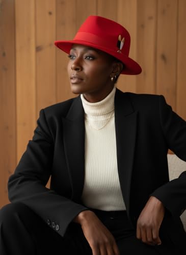 Fedora Hats for Men & Women Short Brim Felt hat Trilby Fedora with Feather Panama Dress Hat - color: Red, size: Large