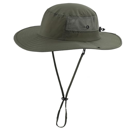 Home Prefer UPF50+ Mens Sun Hat Wide Brim Womens UV Protection Beach Bucket Hat for Fishing Hiking Snap Up Cowboy Hat - color: Army Green