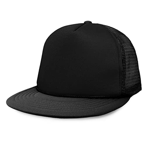 DALIX Flat Billed Trucker Hat Mesh Back S M L Adjustable Cap Solid Two Toned Snapback - color: Black, size: One Size
