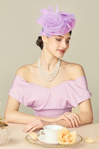 BABEYOND Fascinators Hats for Women Tea Party Mesh Flower Pillbox Derby Hat - color: Lavender