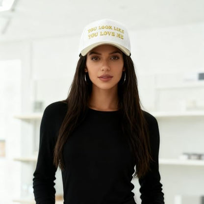 Hat Funny Embroidered Trucker Hat Adjustable Two Tone Snapback Canvas Baseball Cap for Womens - color: Gold-you Love Me