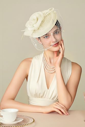 BABEYOND Fascinators Hats for Women Flower Veil Feather Pillbox Derby Hat - color: Beige