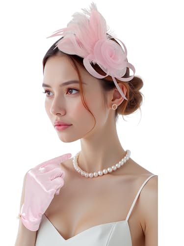 2Pcs 50s Fascinators Hats for Women Wedding Cocktail Flower Mesh Ribbons Feathers Church Tea Party Hats and Lace Glove - color: Pink