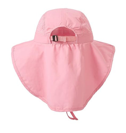 Ponytail Hole Kids Sun Hat with Neck Flap UV Protection Wide Brim Safari Hat for Boys Girls Breathable Mesh 6-12T - color: Pink