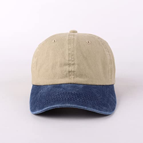 LANGZHEN Unisex Baseball Cap 100% Cotton Fits Men Women Washed Denim Adjustable Dad Hat - color: Khaki Mixed With Denim Blue