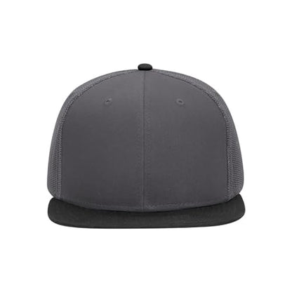 Ashen Fane 6 Panel Mid Profile Mesh Back Structured Trucker Adjustable Snapback Hat - color: Blk/Ch.gry/Ch.gry