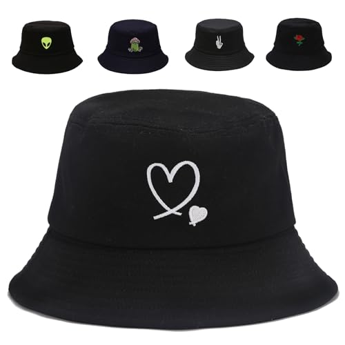 Cotton Bucket Hat for Women Men Summer Travel Sun Beach Bucket Cap, Unisex Outdoor Fisherman Hat - color: Love Black 2