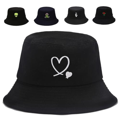 Cotton Bucket Hat for Women Men Summer Travel Sun Beach Bucket Cap, Unisex Outdoor Fisherman Hat - color: Love Black 2