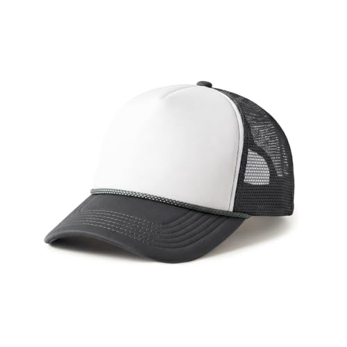 CHOK.LIDS Blank Foam Trucker Hat, Retro Mesh Rope Snapback Cap, Men Women - color: Curved Brim (White/Charcoal)