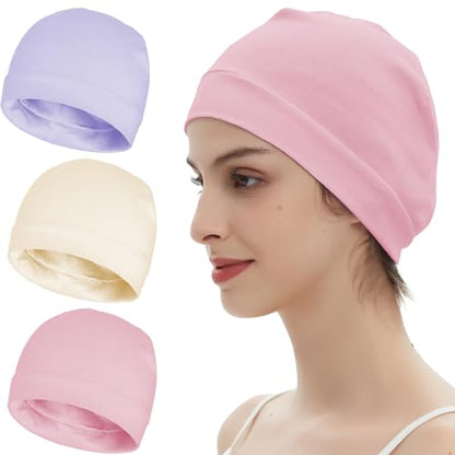 100% Cotton Skull Caps Beanie Bald Sleeping Hats for Men Women - color: 3pieces-beige,light Purple,pink