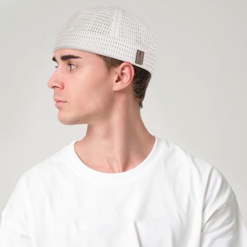 Mens Mesh Brimless Cap with No Brim, Summer Docker Cap Beanie Hat Flip Sailor Skullcap Breathable - color: Beige(off White)