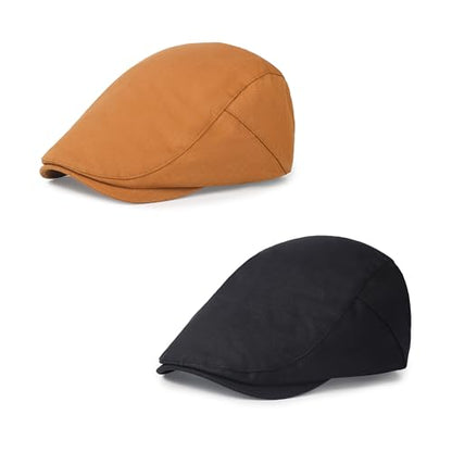 2Pcs Men's Newsboy Cap Cotton Flat Ivy Gatsby Driving Hat - color: 2b3-black+orange