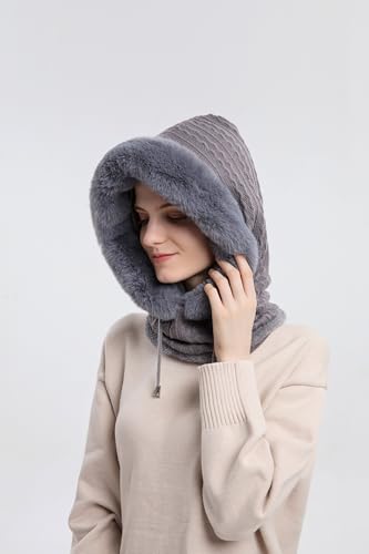 Womens Winter Hats, Warm Hooded Scarf Hat for Women, Fleece Beanie Hat with Drawstring, Balaclava Knit Skull Cap - color: Grey
