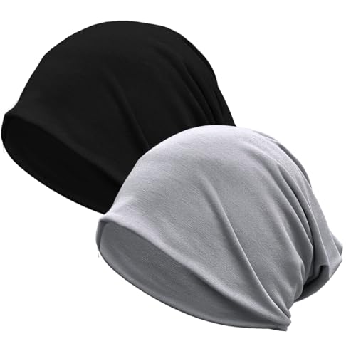 JarseHera 2 Pack Wider Slouchy Beanie for Men Women Oversize Chemo Headwear Large Baggy Skull Cap Cancer Caps Hats - color: 2 Pair,black+light Gray-large