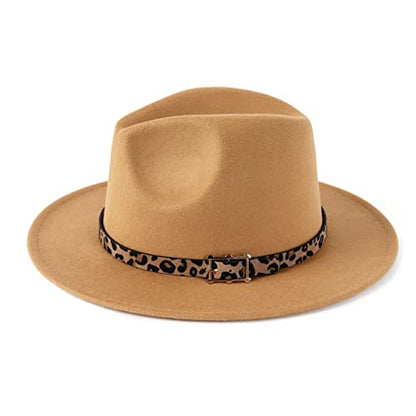 Women's Wide Brim Felt Fedora Panama Hat with Leopard - color: Y-camel & Leopard